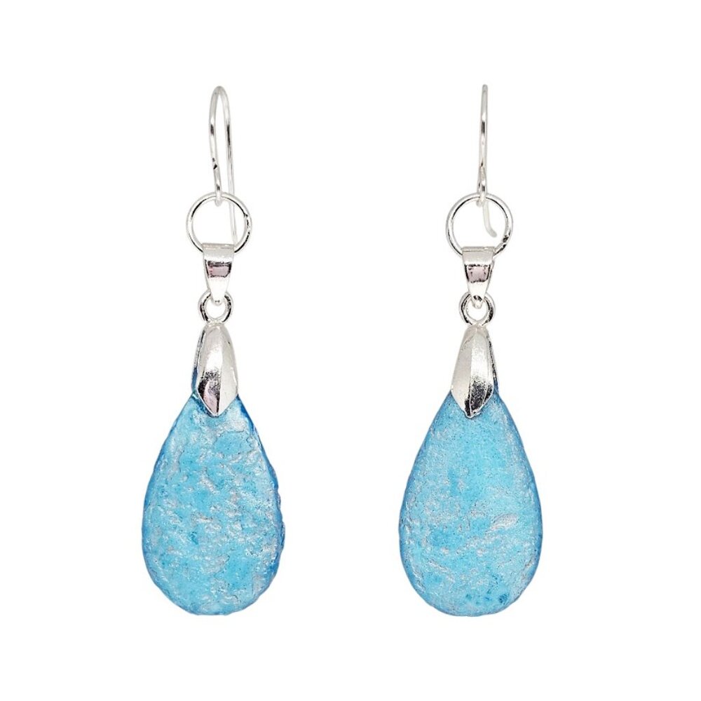 Handmade Aquamarine Teardrop Czech Glass Silver Dangle Earrings Boho Drop